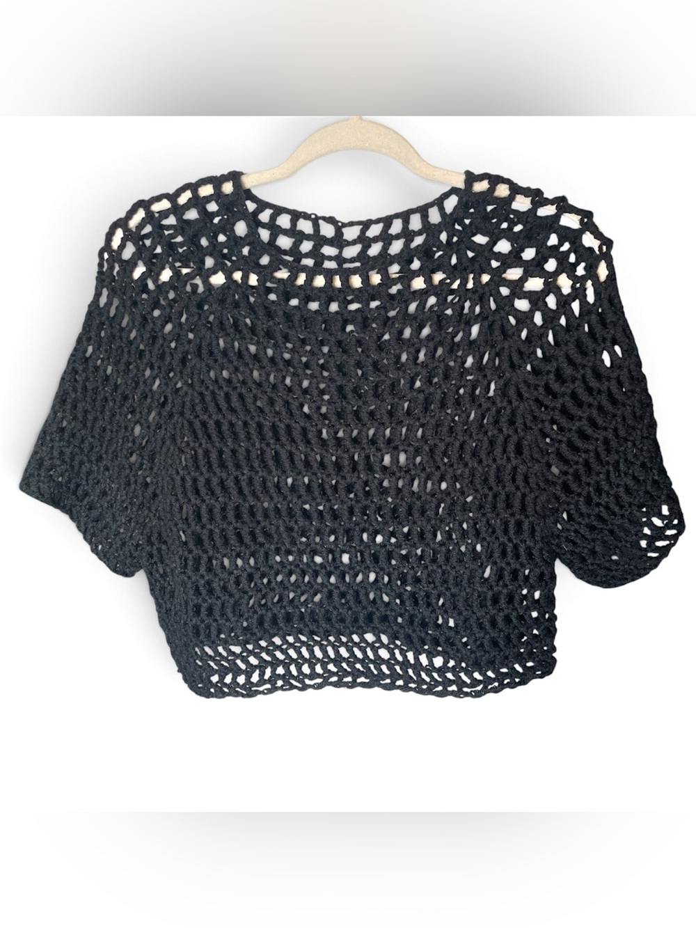 Black Open-Knit Cropped Sweater Top